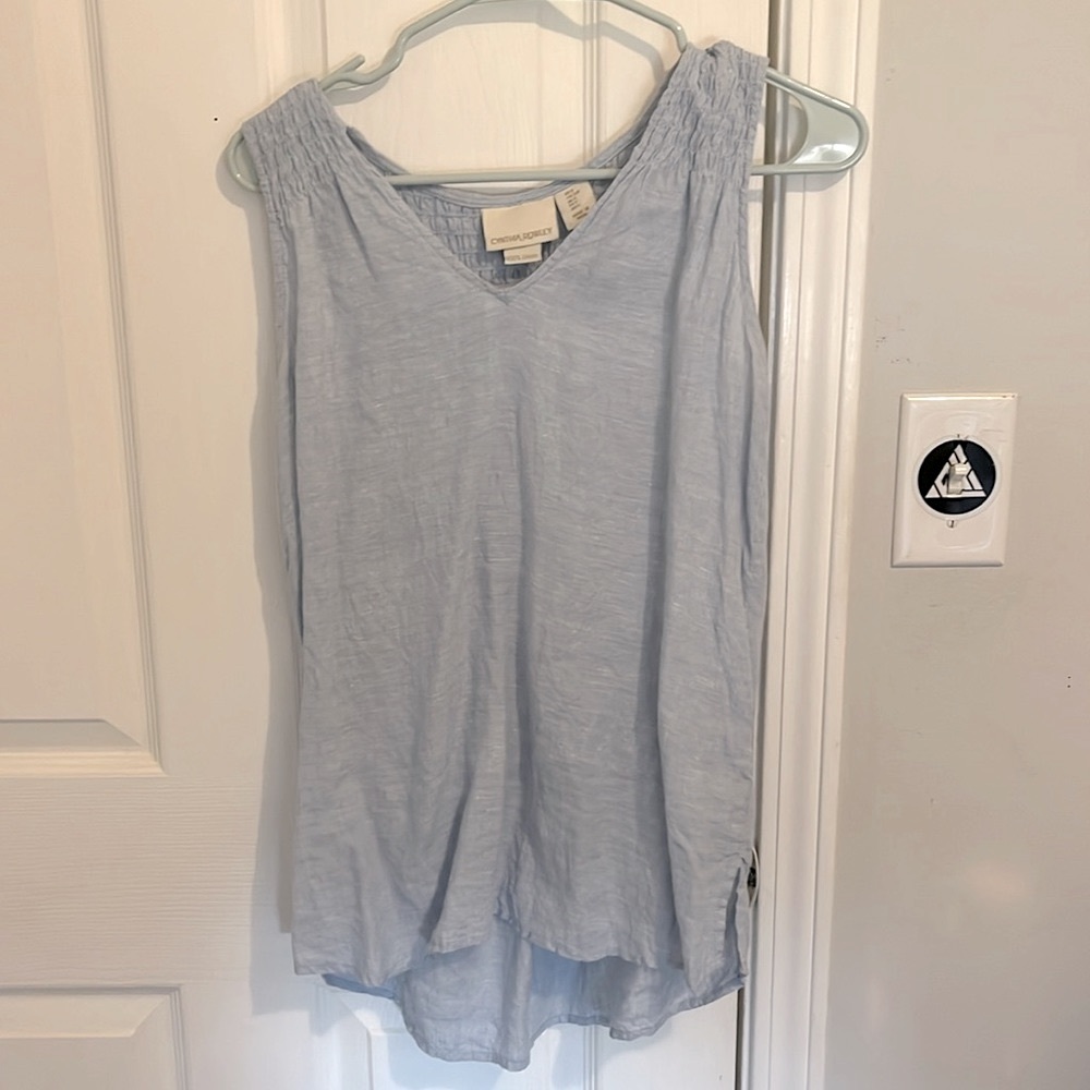 Blue linen tank top. Size small. No stairs or stains.
